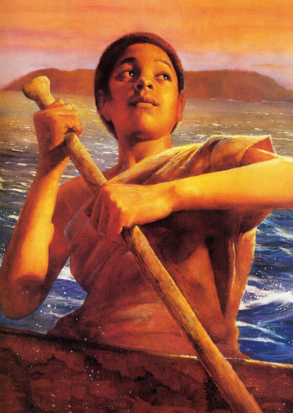 油画海上的男孩图片