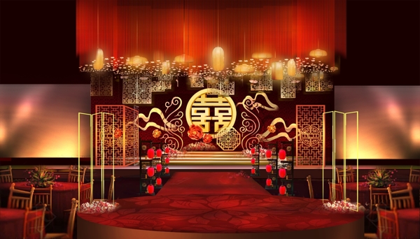 中式红金婚礼主背景