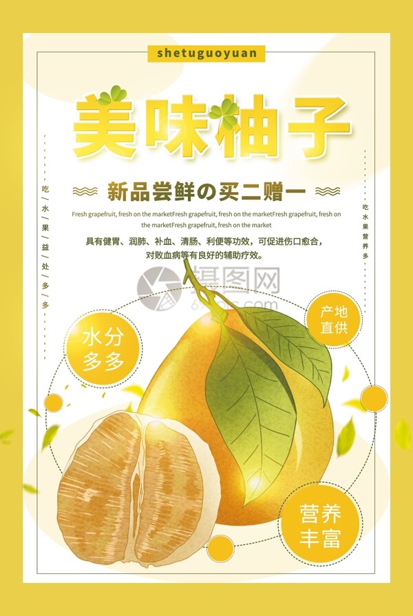 黄色简洁美味柚子促销海报