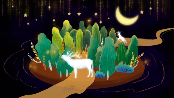 手绘夜晚月光森林与鹿