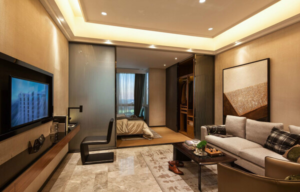 现代简约客厅褐色花纹地板室内装修效果图