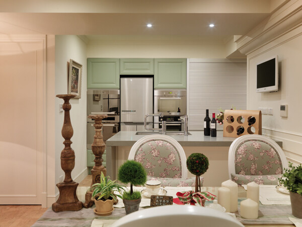 欧式浅色调开放式厨房壁画效果图