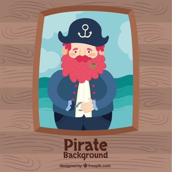 手绘红胡子戴帽子的海盗插图背景