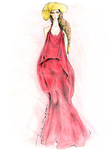 粉色吊带长裙设计图