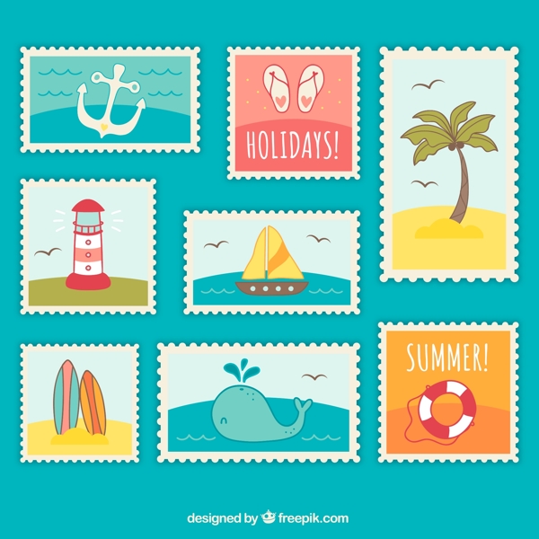 清新夏季邮票矢量素材图片