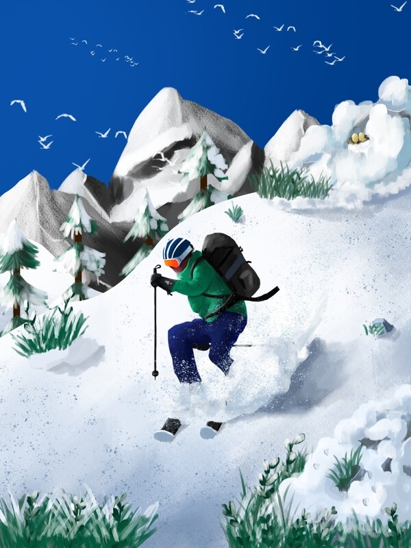 晴空雪山极限滑雪写实插画