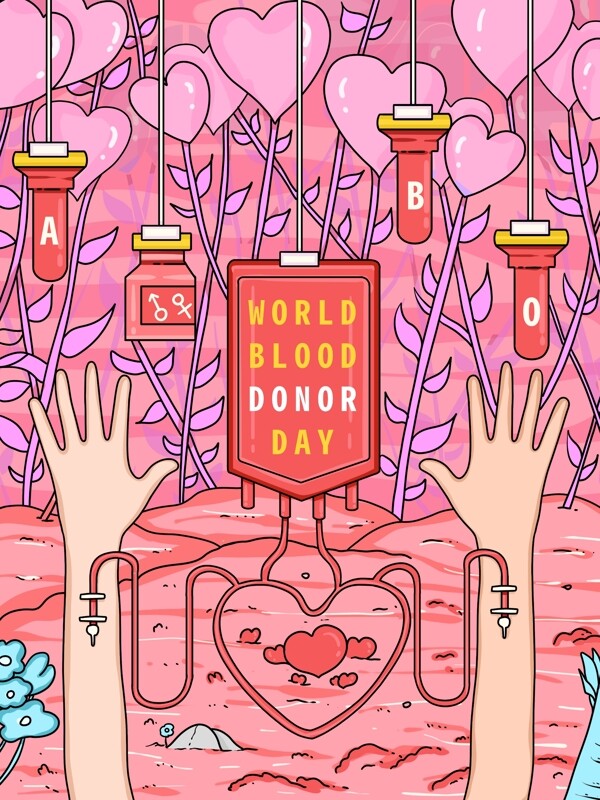 世界献血日原创插画线条小清新血型爱心血包