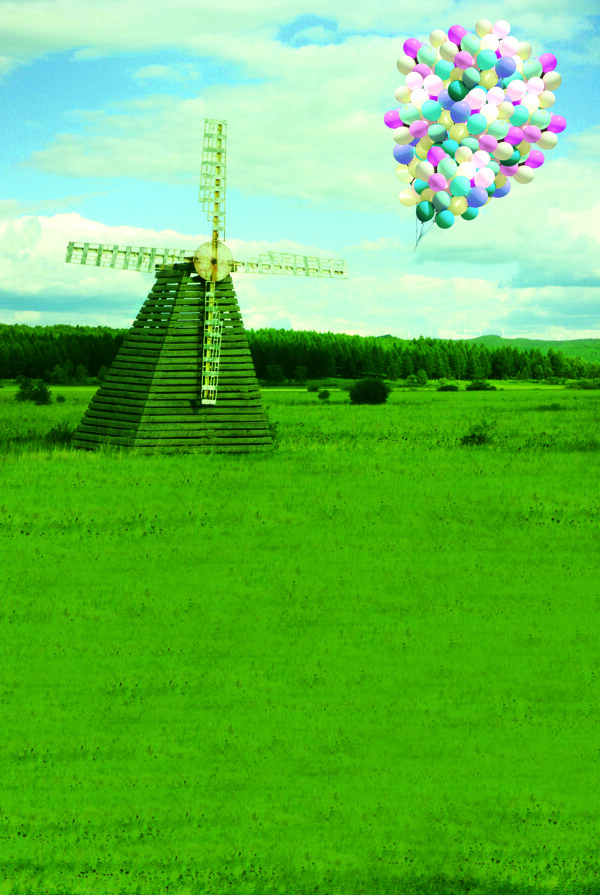 蓝天白云风车气球影楼摄影背景图片