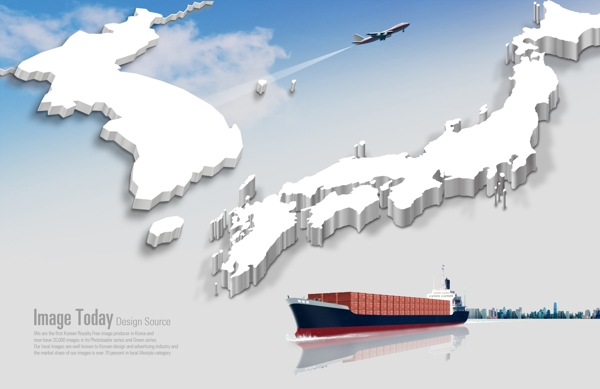 立体地图与集装箱运输船只PSD分层素材