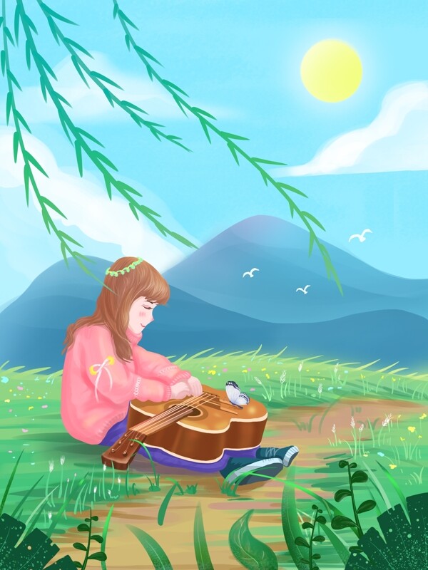 儿童节女孩在阳光下弹吉他正能量插画