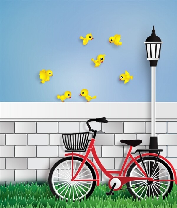 单车和黄色小鸟图片
