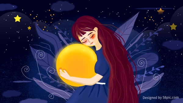 原创晚安你好抱着月亮的女孩商业插画