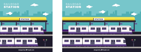手绘扁平风格蓝色背景火车站紫色火车