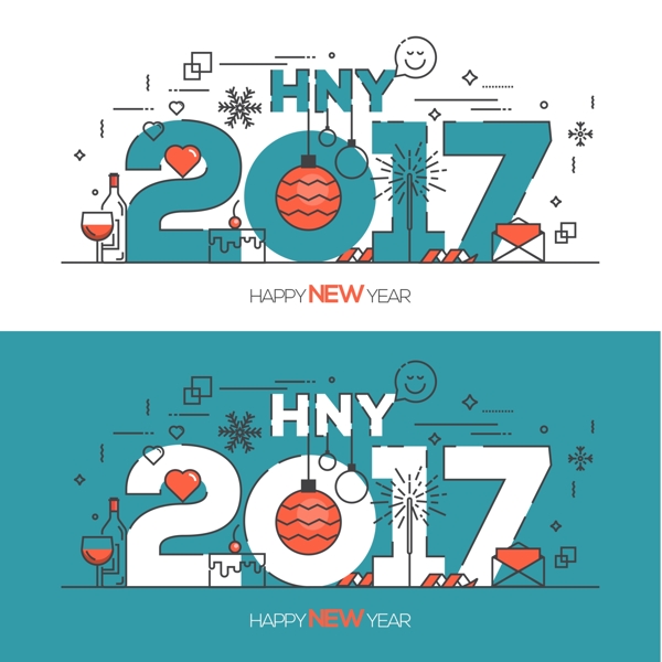新年快乐2017扁平化线条设计图标