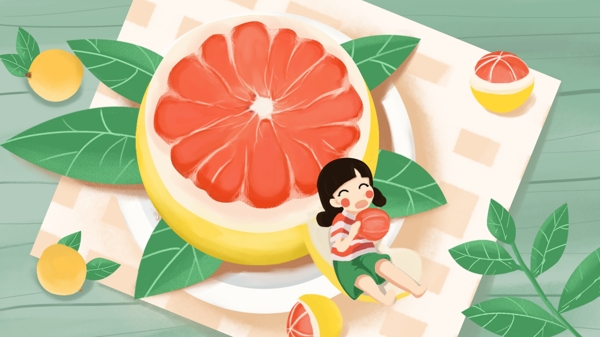 红心柚小女孩吃水果桌布树叶壁纸插画原创