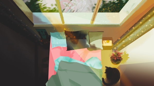 一束阳光照射着的卧室彩绘背景