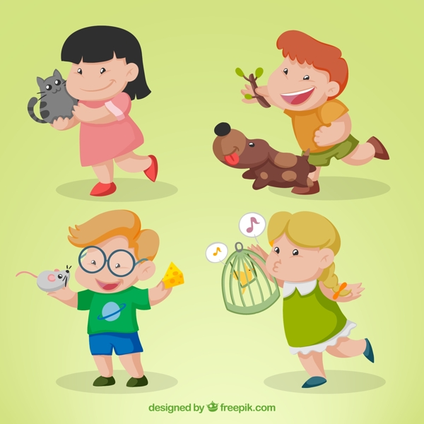 4款卡通快乐儿童和小动物矢量素材