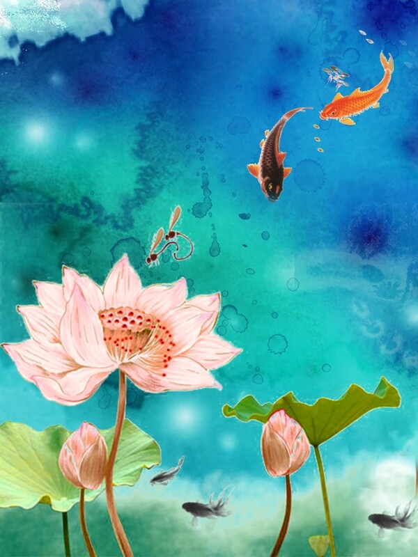 中国风水墨彩色荷花鲤鱼手绘创意装饰画