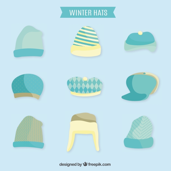 浅蓝色的冬季帽子的集合