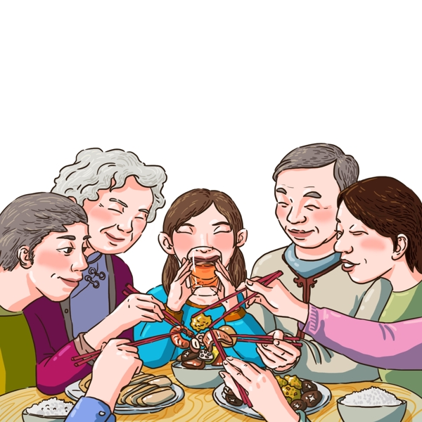 卡通手绘一家老小团聚吃饭场景图