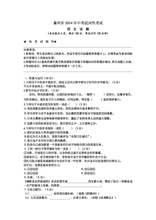 语文苏教版襄州区中考适应性考试语文试题