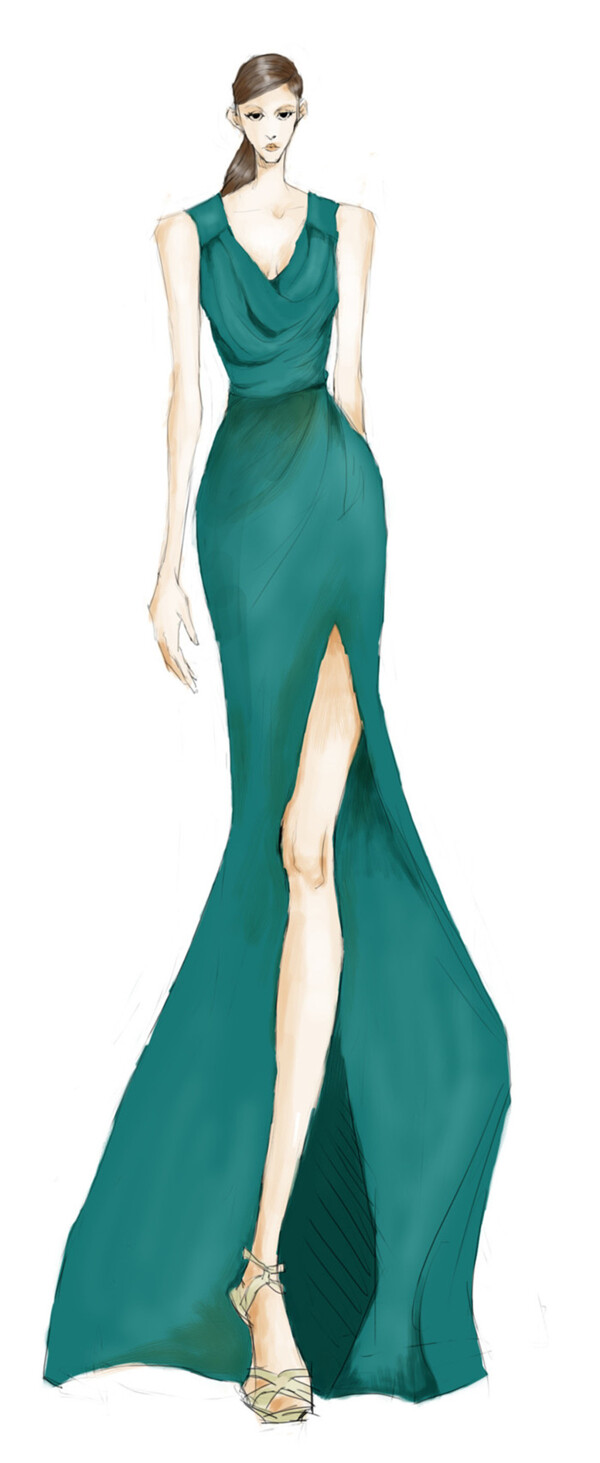 绿色开叉长裙礼服设计图