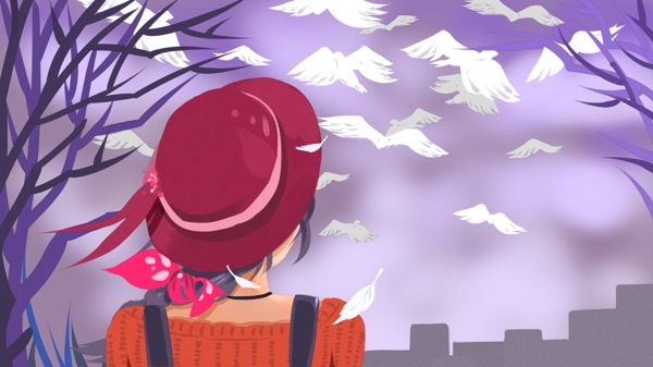 眺望天空戴帽女孩望着鸟儿飞上天空原创插画
