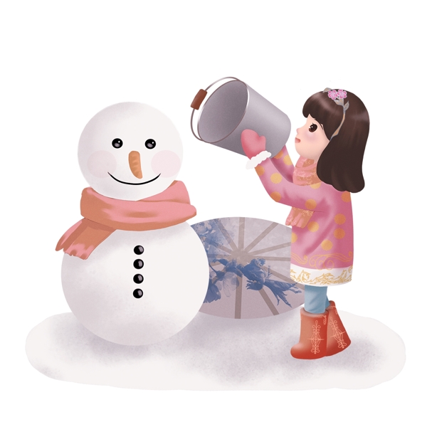 新年雪人雪花飞舞美丽的中国节气小女孩儿在堆雪人