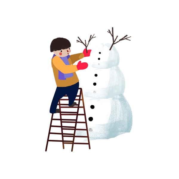 小清新爬梯子堆雪人的男孩设计可商用元素