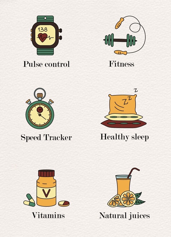 彩绘6组健康饮食和健身素材设计