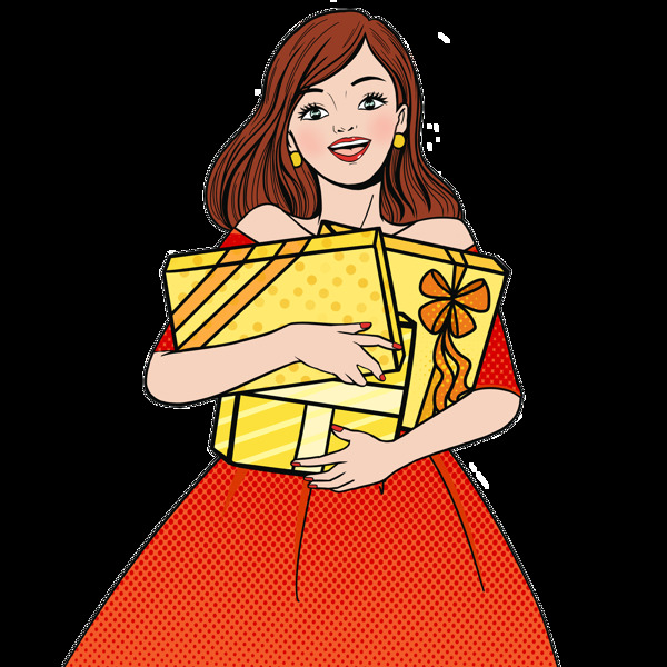 手绘波普风抱着一堆礼物的女生可商用元素
