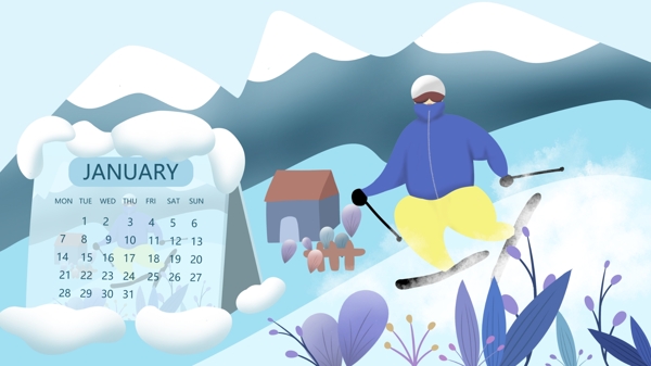 日历2019年1月冬天滑雪积雪插画
