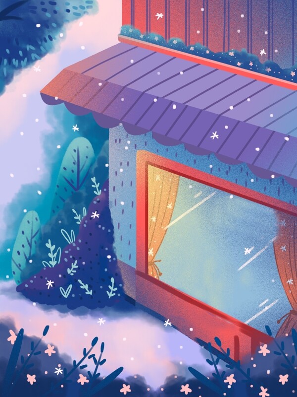 蓝色唯美冬季下雪房屋插画背景