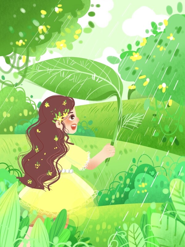谷雨大自然树林绿色节气女孩小清新插画