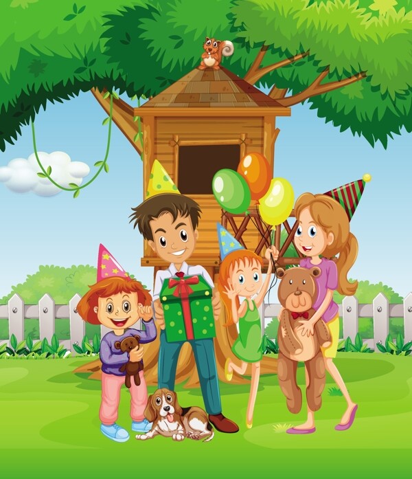 卡通儿童和树屋