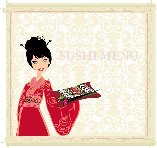 日式和服女子菜单封面矢量素材