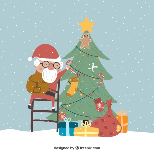 可爱装饰圣诞树的圣诞老人矢量图