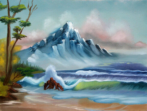 油画雪山海浪图片