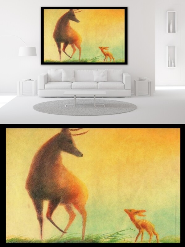 水彩母子鹿温馨油画动物装饰画