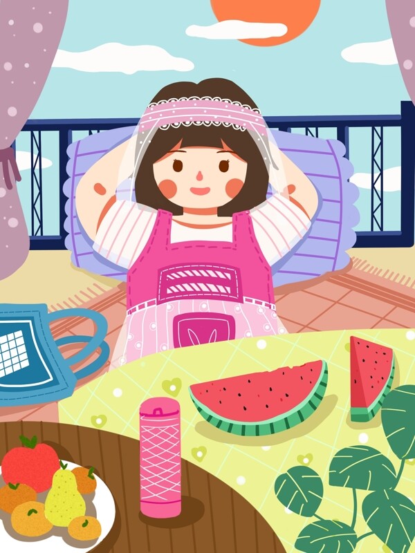 立夏女孩吃西瓜水果小清新插画