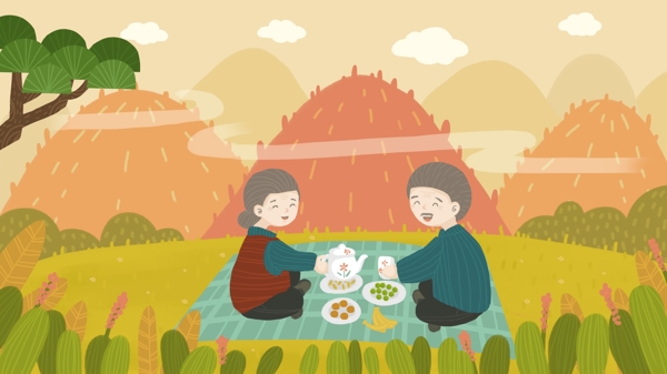 中国传统节日重阳节卡通老人登山野餐插画
