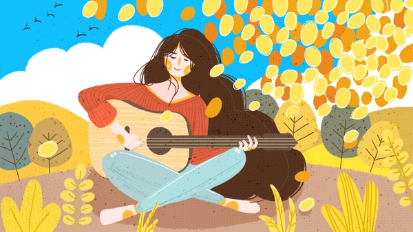 扁平风野外弹吉他的女孩秋分节气插画