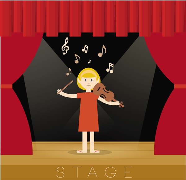 舞台设计模板红色窗帘小提琴家背景图