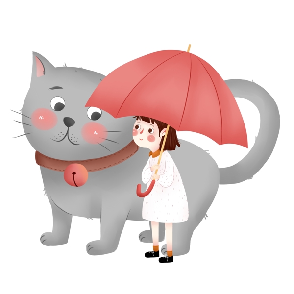 卡通可爱猫与打着红伞女孩元素