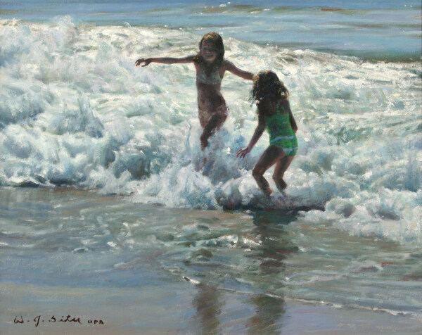 海滩上玩耍的小女孩油画图片