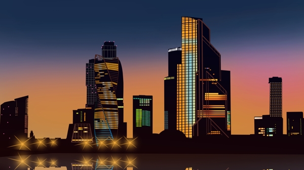 创意微立体纸片风霓虹璀璨夜景城市高楼大厦场景插画