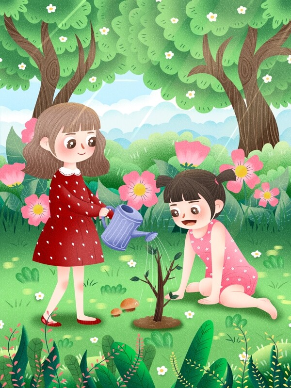 绿色环保植树节女孩浇水小清新插画