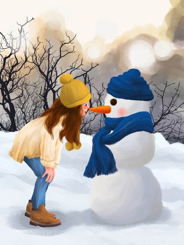 十二月你好冬季户外唯美风景雪人与女孩