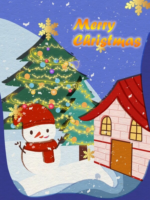 圣诞节剪纸风圣诞树和雪人温馨插画