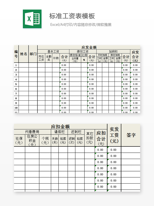 标准工资表模板Excel模板